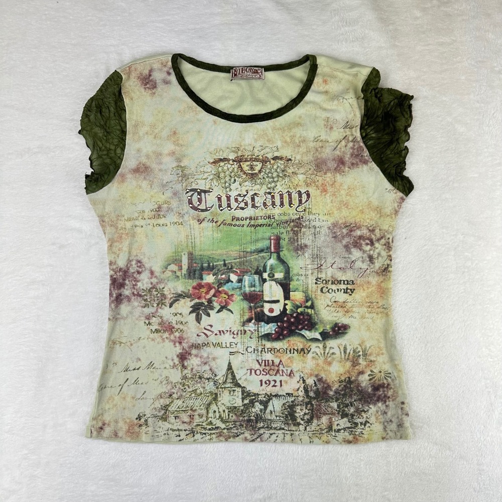 VTG Blue Canyon Clothing Top Womens Tuscany Graphic S Green Lettuce Trim Cotton